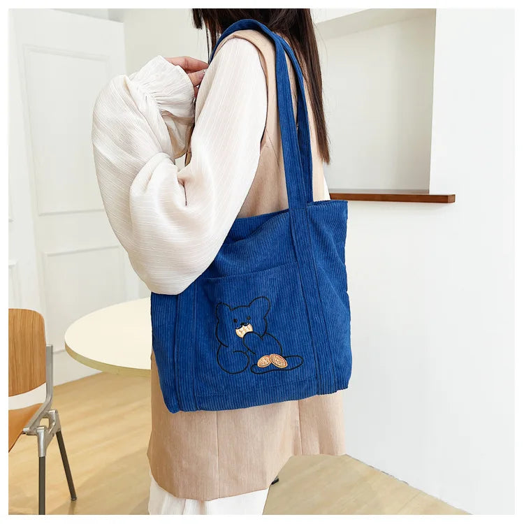 Corduroy Shopping Bag Canvas Shoulder Handbag Totes Outside Pocket