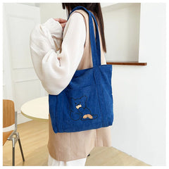 Corduroy Shopping Bag Canvas Shoulder Handbag Totes Outside Pocket
