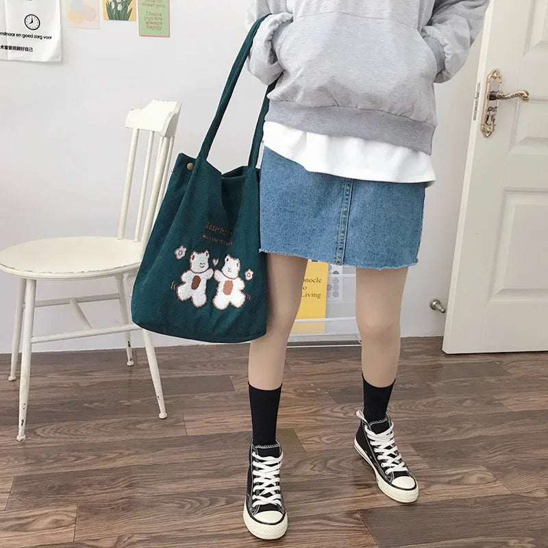 Embroidered Striped Canvas Handbag Eco Tote Soft Shopping Bag for Ladies
