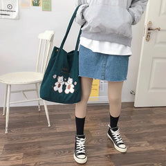 Embroidered Striped Canvas Handbag Eco Tote Soft Shopping Bag for Ladies