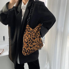 Women Corduroy Shoulder Bag Leopard Handbag Underarm Chain Pouch