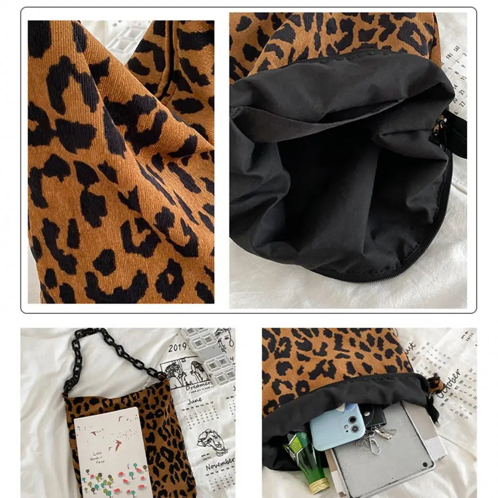 Leopard Corduroy Shoulder Bag Large Capacity Handbag