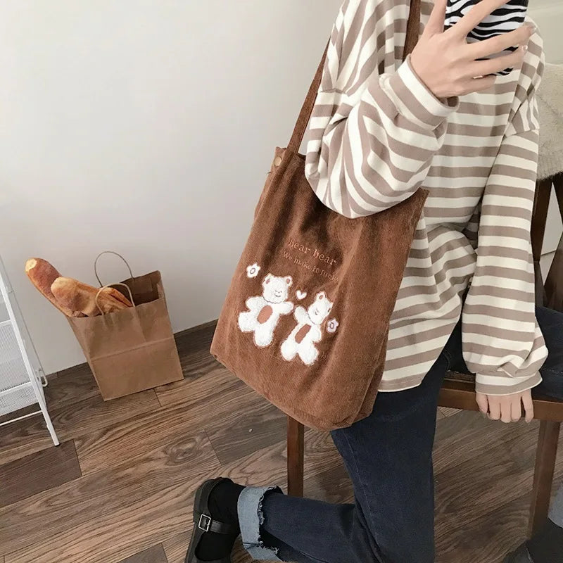 Women Corduroy Shoulder Bag Lucky Bears Embroidery Striped Canvas Handbag