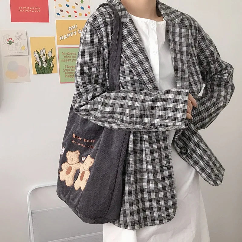 Women Corduroy Shoulder Bag Lucky Bears Embroidery Handbag