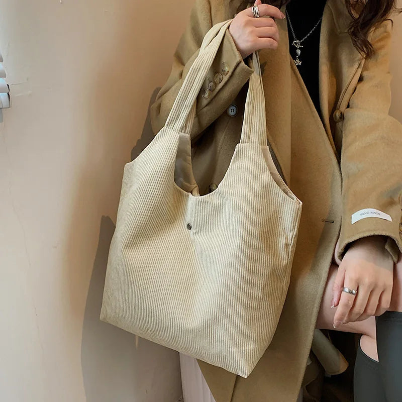 Women Corduroy Shoulder Bag Medium Cotton Canvas Handbag Casual Tote Female Eco