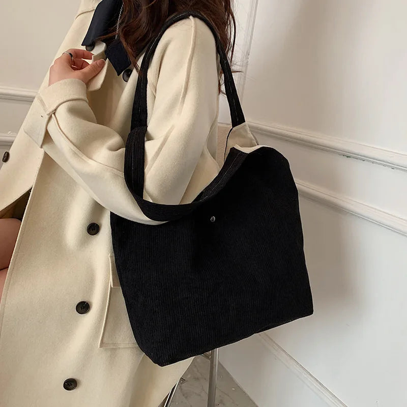 Women Corduroy Shoulder Bag Medium Cotton Canvas Handbag Casual Tote Female Eco