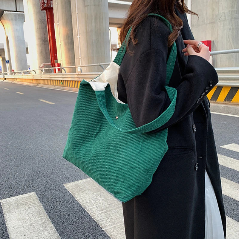 Women Corduroy Shoulder Bag Medium Cotton Canvas Handbag Casual Tote Female Eco