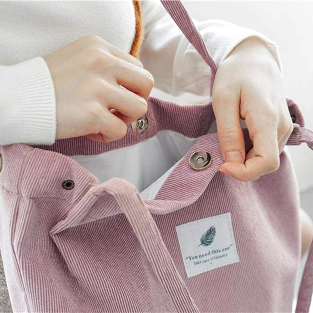 Corduroy Shoulder Bag Women Reusable Shopping Tote Handbag with Button Storage