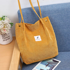 Corduroy Shoulder Bag Reusable Tote Soft Handbag with Button