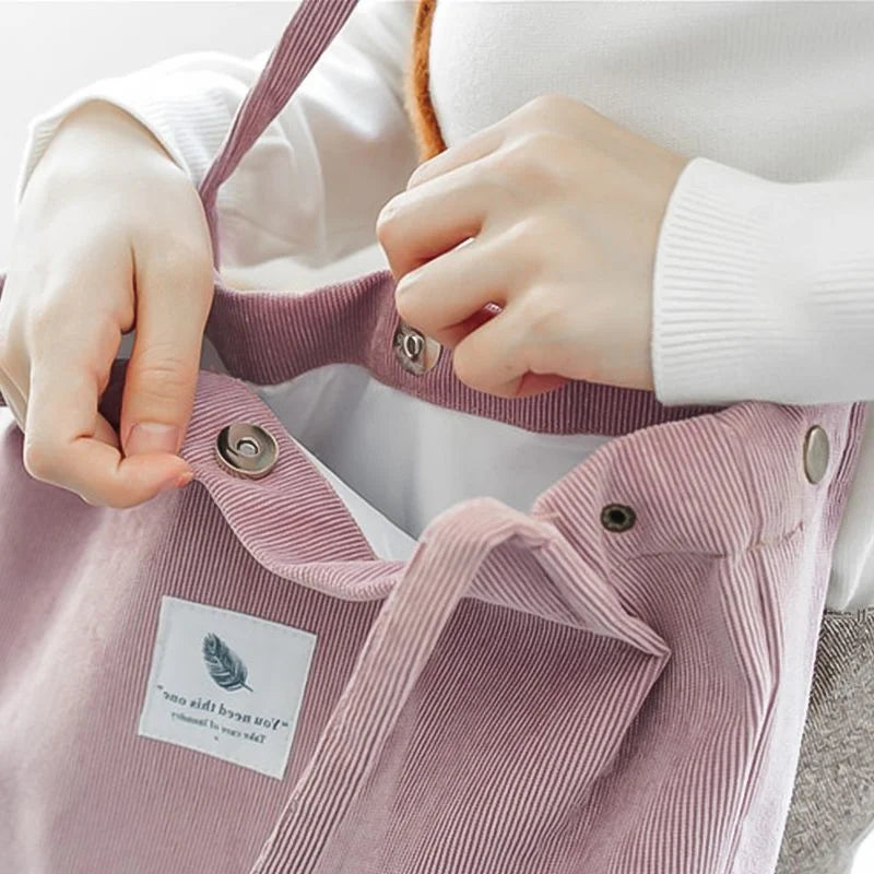 Corduroy Shoulder Bag Reusable Tote Soft Handbag with Button