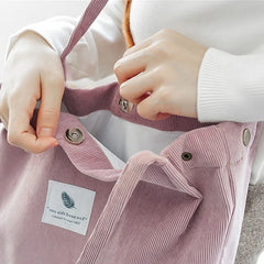 Corduroy Shoulder Bag Reusable Tote Soft Handbag with Button