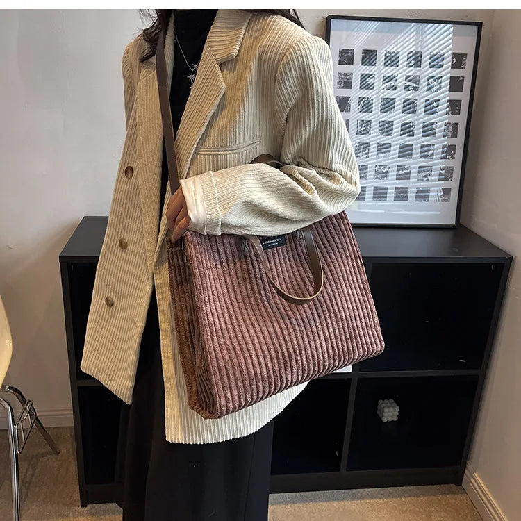 Women Corduroy Shoulder Bag Large Casual Tote Handbag