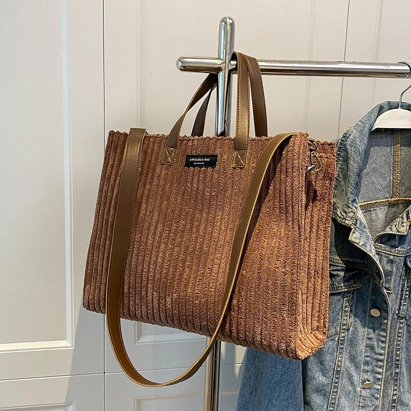 Women Corduroy Shoulder Bag Large Casual Tote Handbag
