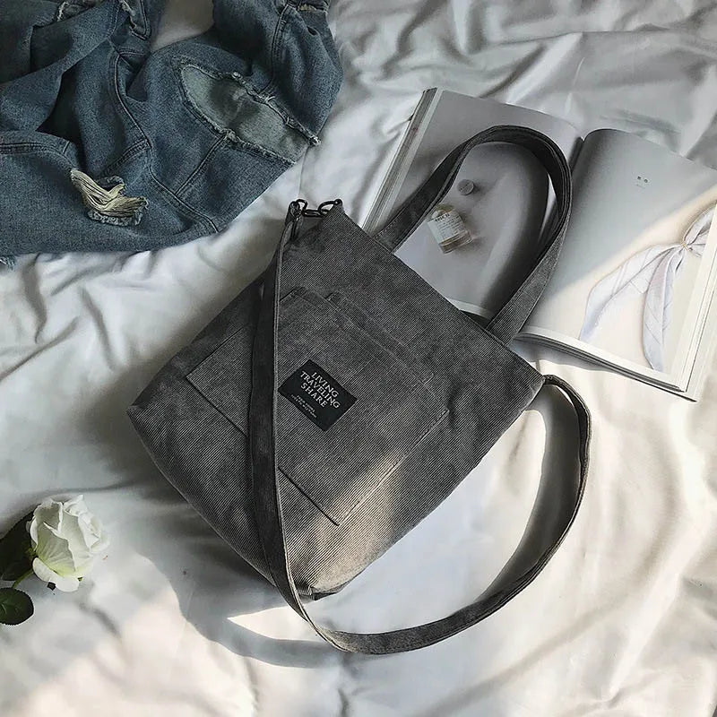 Women Corduroy Shoulder Bag Striped Handbag Zip Tote Canvas Crossbody