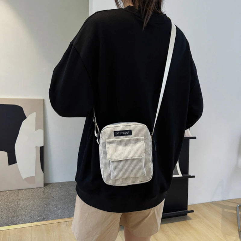 Women Corduroy Shoulder Bags Striped Handbags Casual Zip Tote