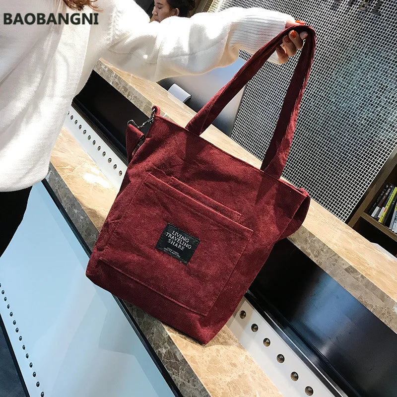 Women Corduroy Shoulder Bag Striped Handbag Zip Tote Canvas Crossbody