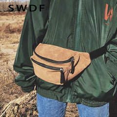 Women Corduroy Waist Bag Ladies Canvas Fanny Pack Brown Phone Chest Banana Bag