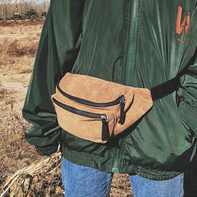 Women Corduroy Waist Bag Ladies Canvas Fanny Pack Brown