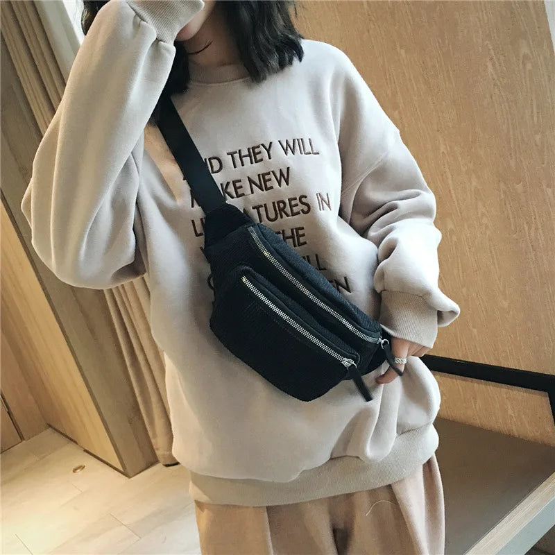 Women Corduroy Waist Bag Ladies Canvas Fanny Pack Brown Money Phone
