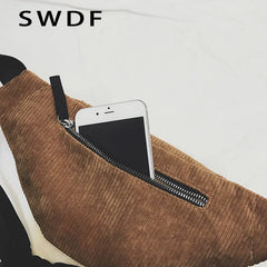 Women Corduroy Waist Bag Ladies Canvas Fanny Pack Brown Phone Chest Banana Bag