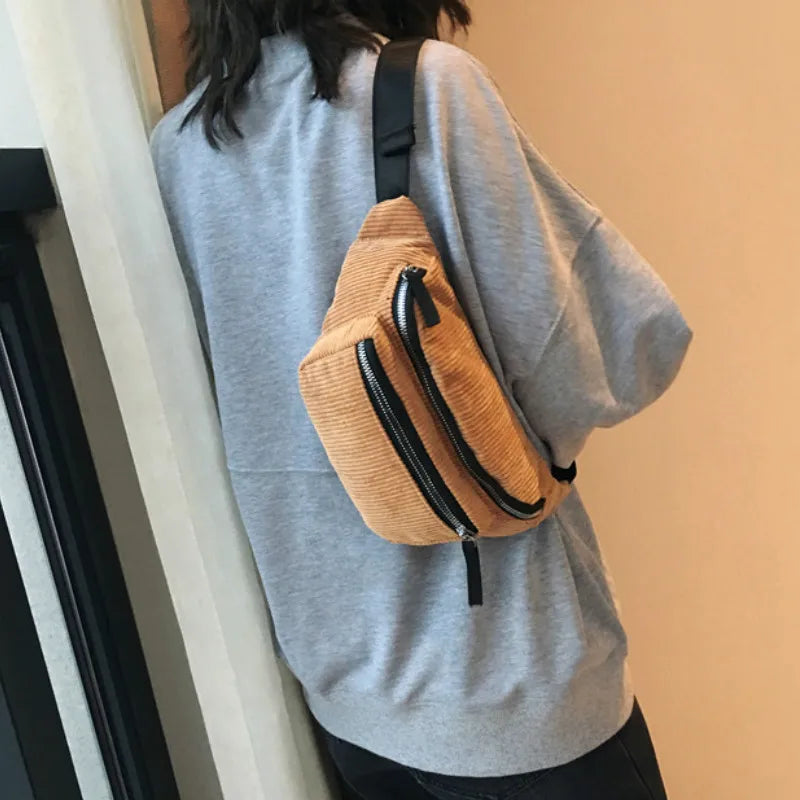 Women Corduroy Waist Bag Ladies Canvas Fanny Pack Brown Money Phone