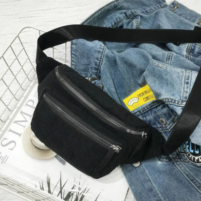 Women Corduroy Waist Bag Ladies Canvas Fanny Pack Brown Money Phone