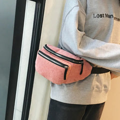 Women Corduroy Waist Bag Ladies Canvas Fanny Pack Brown Money Phone