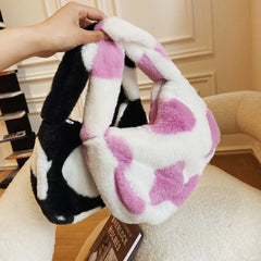 Women Cow Print Fluffy Shoulder Bag Handbag Purse Plush Bag