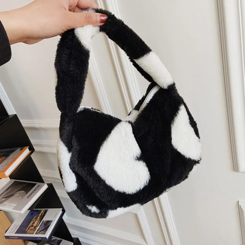 Women Cow Print Fluffy Shoulder Bag Handbag Purse Plush Bag