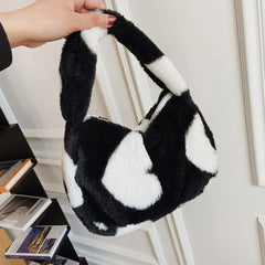 Women Cow Print Fluffy Shoulder Bag Handbag Purse Plush Bag