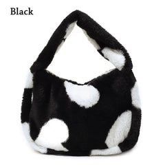 Women Cow Print Fluffy Shoulder Bag Handbag Purse Plush Bag