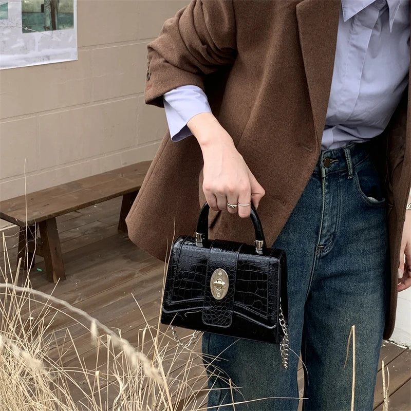 Crocodile Pattern Square Shoulder Bag Clutch Purse Vintage Crossbody Bag