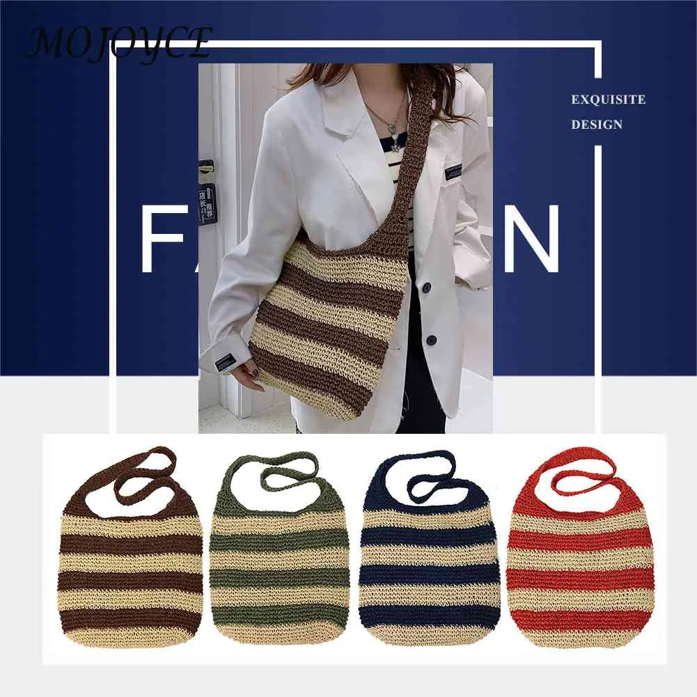 Straw Weave Crossbody Bag Hollow Striped Square Large Capacity for Summer Beach