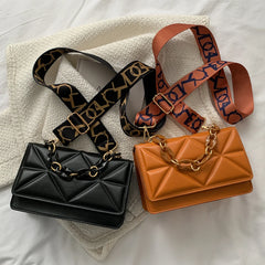 Wide Strap Small Square Crossbody Bag Chain Handbag Solid Color Shoulder Bag