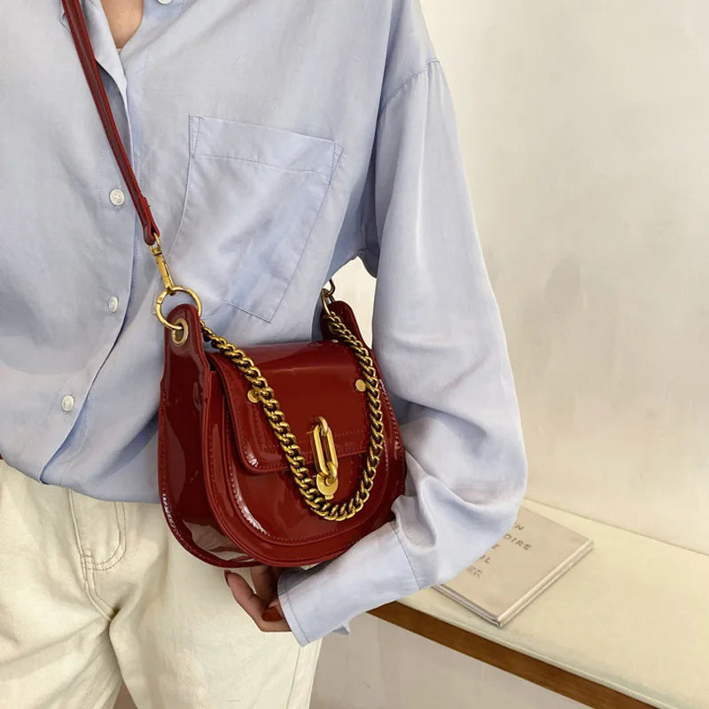 Bright Patent Leather Saddle Bag Purse Metal Chain Handbag