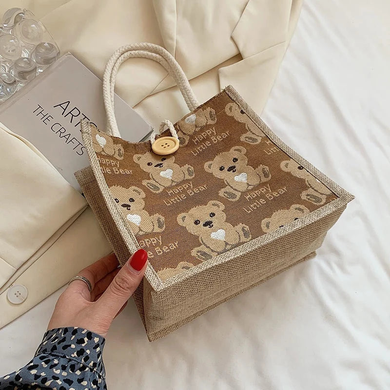 Women Bear Pattern Shoulder Bag Flax Female Student Handbag Casual Tote Bags