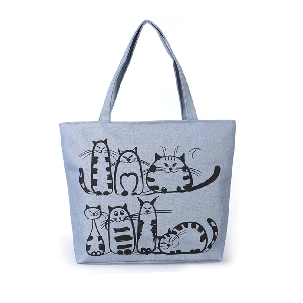 Cat Print Canvas Shoulder Bag Zipper Casual Tote Shopping Handbag