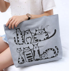 Cat Print Canvas Shoulder Bag Zipper Casual Tote Shopping Handbag