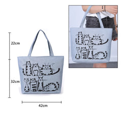 Cat Print Canvas Shoulder Bag Zipper Casual Tote Shopping Handbag