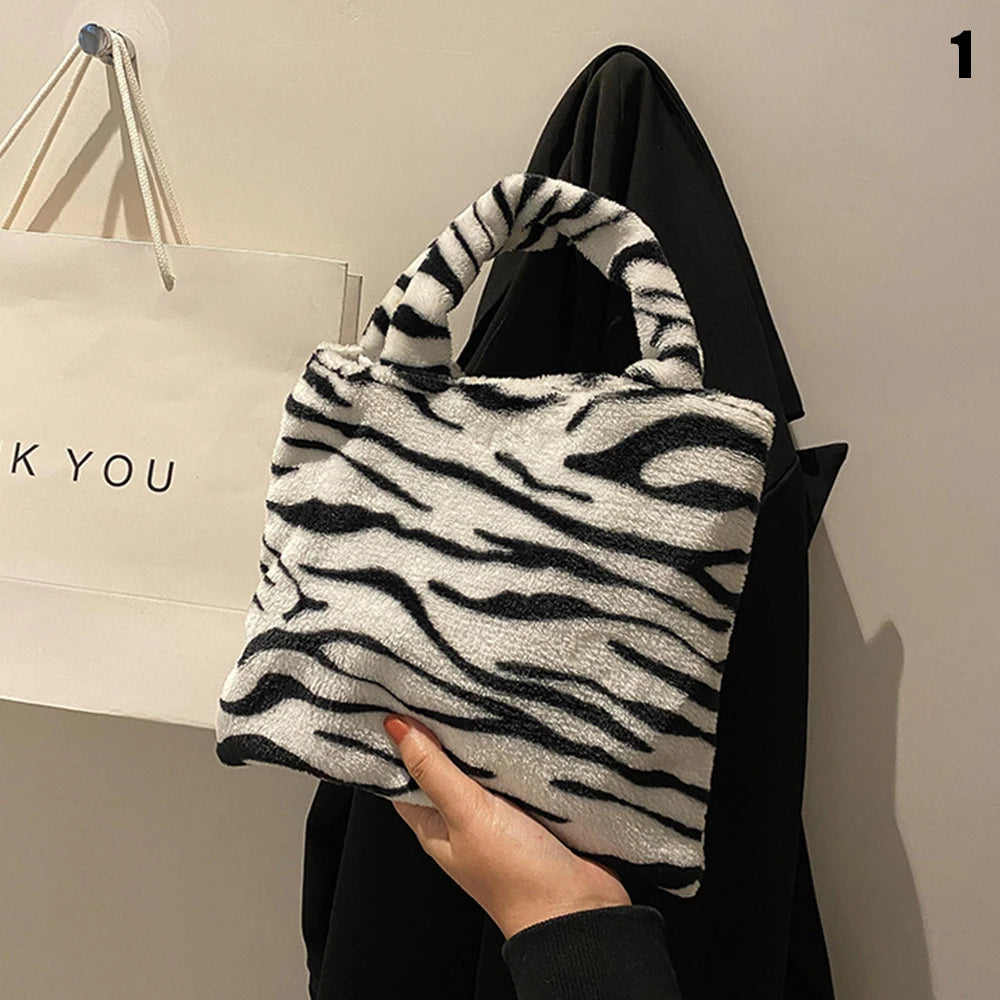 Women Soft Plush Small Plush Bags Cow Leopard Pattern Handbags Furry Fluffy Tote