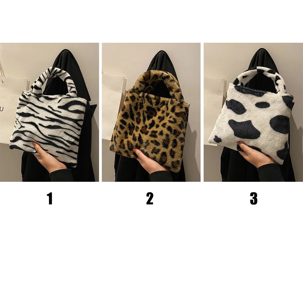 Women Soft Plush Small Plush Bags Cow Leopard Pattern Handbags Furry Fluffy Tote
