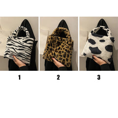 Women Soft Plush Small Plush Bags Cow Leopard Pattern Handbags Furry Fluffy Tote