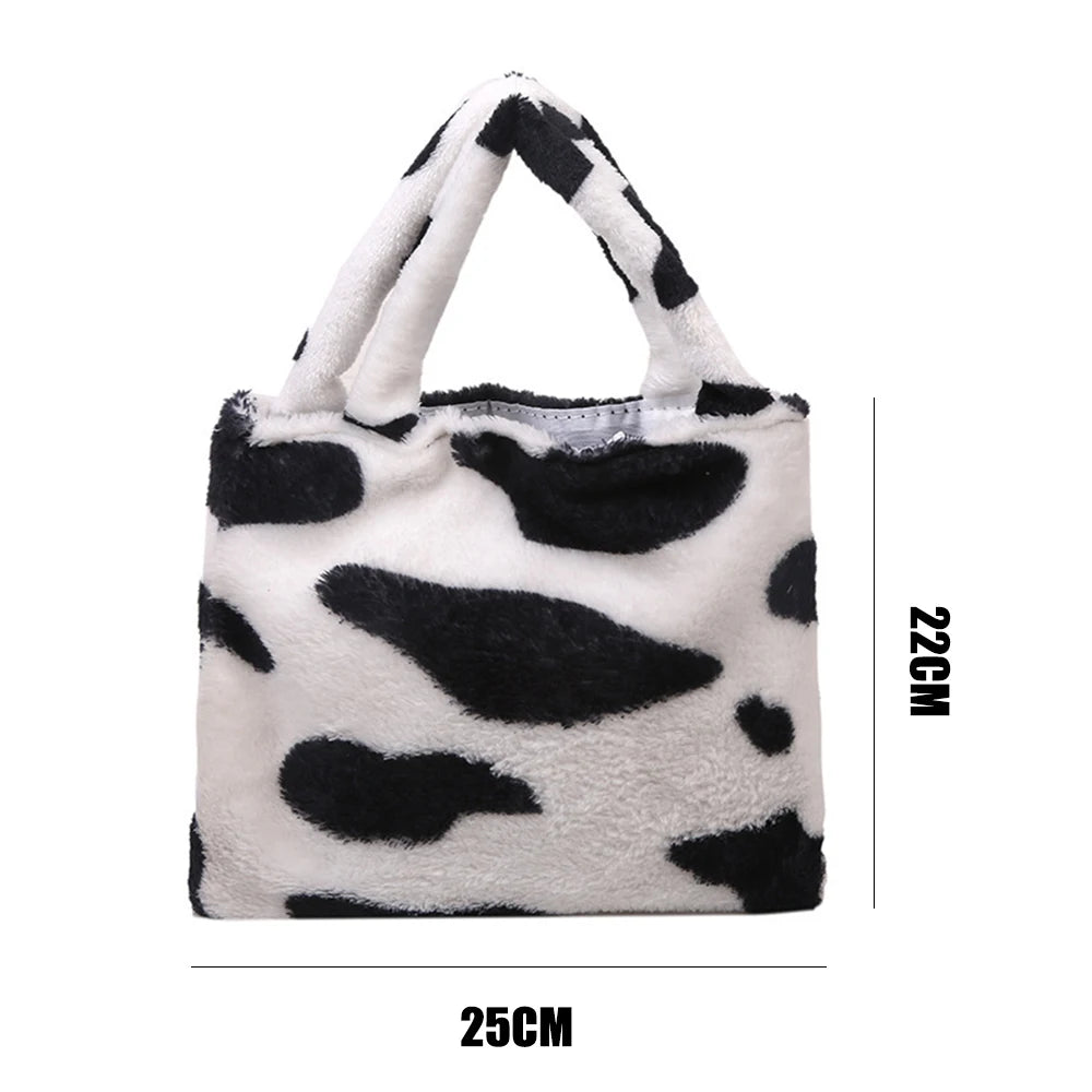 Women Soft Plush Small Plush Bags Cow Leopard Pattern Handbags Furry Fluffy Tote