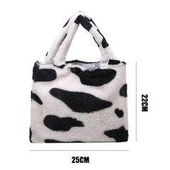 Women Soft Plush Small Plush Bags Cow Leopard Pattern Handbags Furry Fluffy Tote