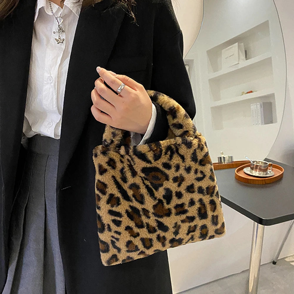 Women Soft Plush Small Plush Bags Cow Leopard Pattern Handbags Furry Fluffy Tote