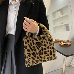 Women Soft Plush Small Plush Bags Cow Leopard Pattern Handbags Furry Fluffy Tote