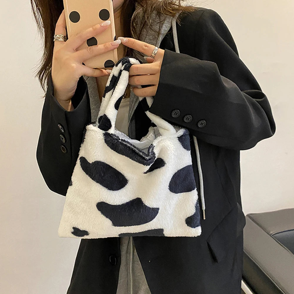 Women Soft Plush Small Plush Bags Cow Leopard Pattern Handbags Furry Fluffy Tote