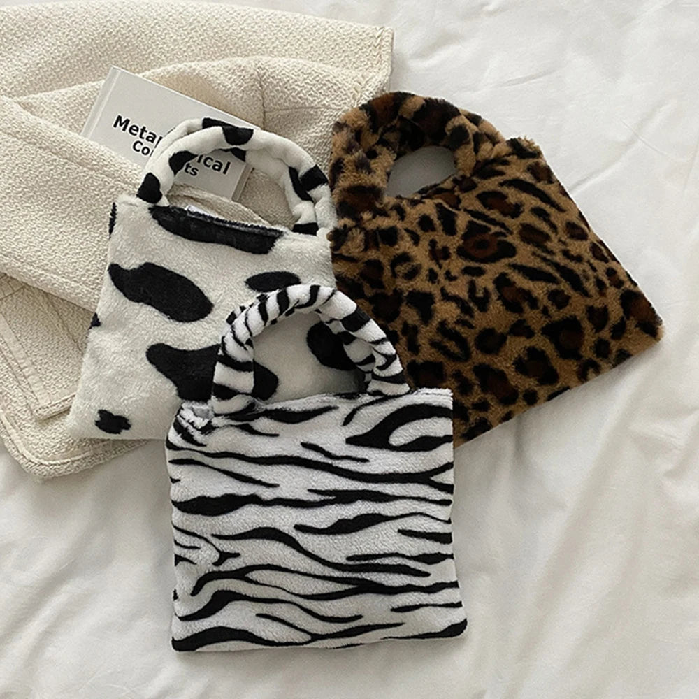 Women Soft Plush Small Plush Bags Cow Leopard Pattern Handbags Furry Fluffy Tote