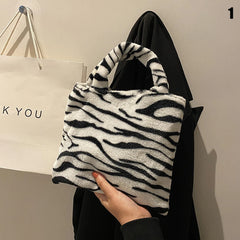Women Soft Plush Small Plush Bags Cow Leopard Pattern Handbags Furry Fluffy Tote