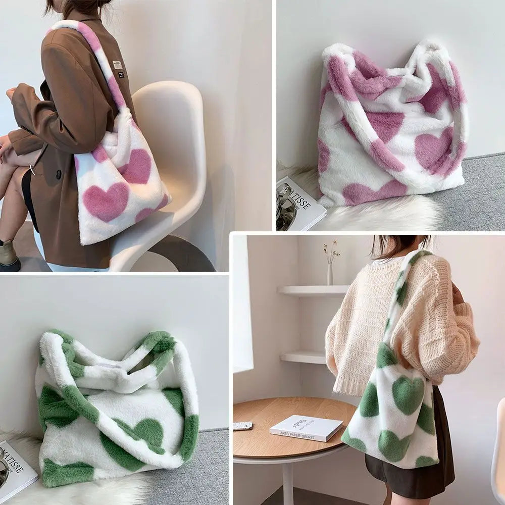 Love Heart Plush Shoulder Bag Furry Tote Bag